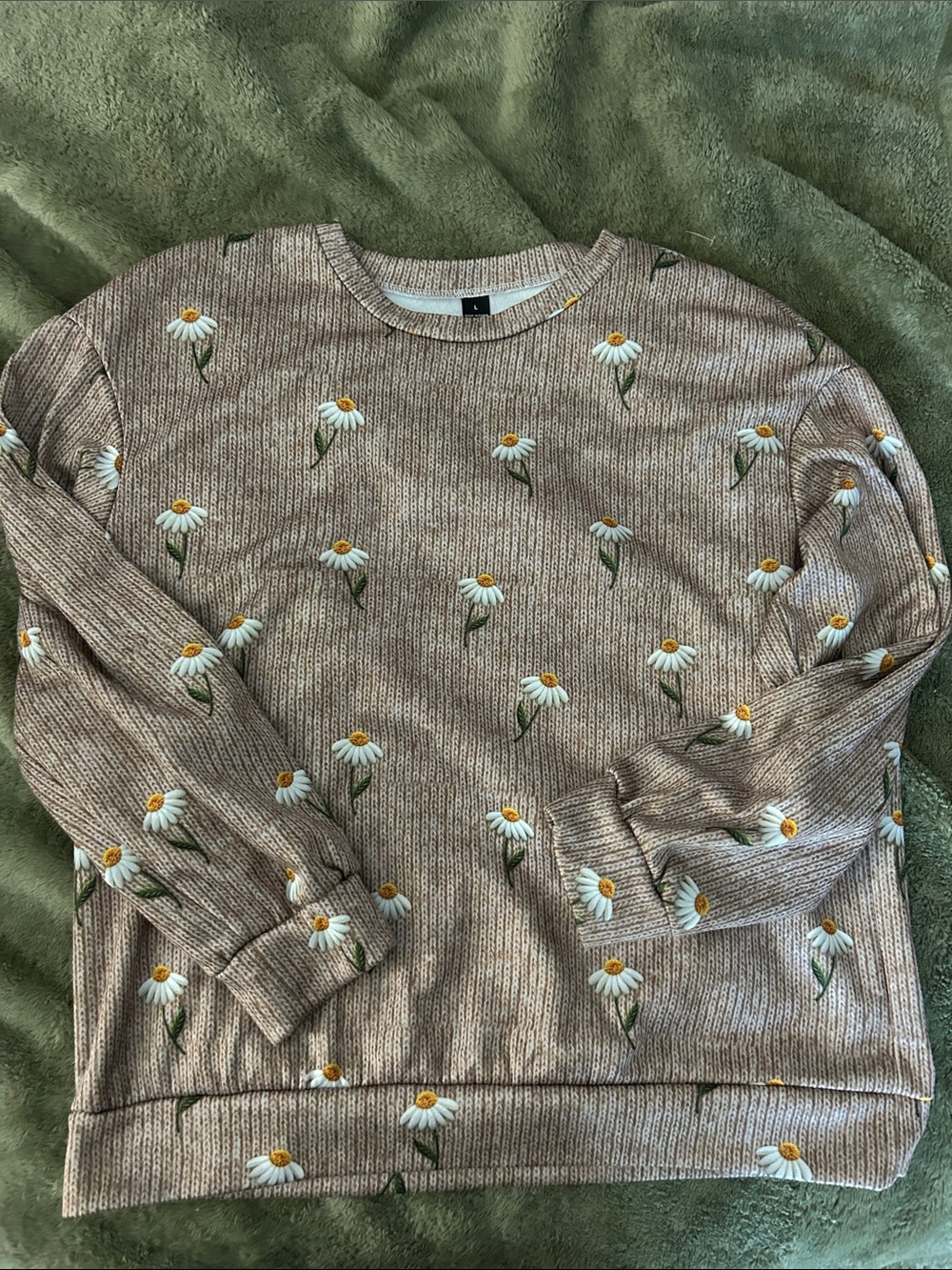 Others Follow Beige Crewneck Sweater with Daisy Embroidery